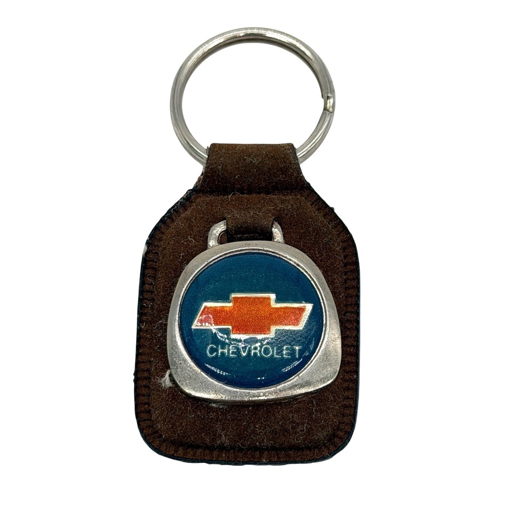 Vintage Chevrolet Keychain Brown Suede Fob Blue Orange Bowtie Logo Hong Kong